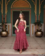 Maroon Bandhani gown flat lay, full flared ethnic dress, Faux Georgette gown layout, print detail