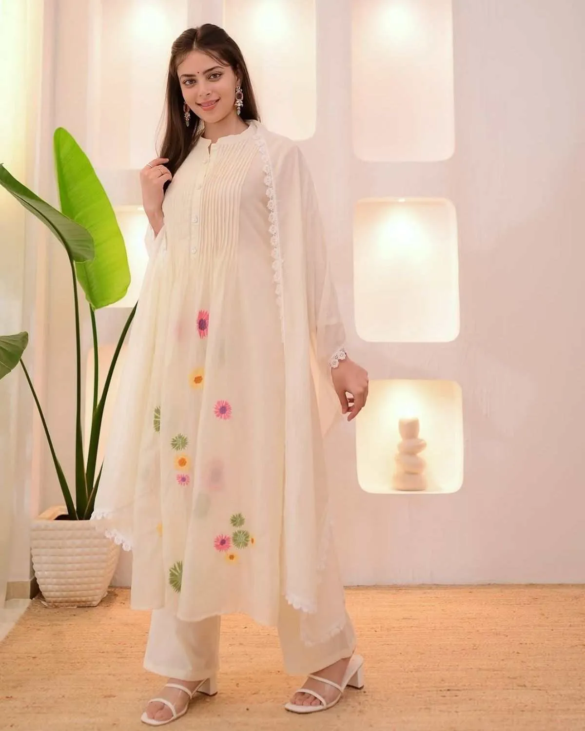 Home 63 QuinKart OffWhite Pink Embroidered Kurti Set Front