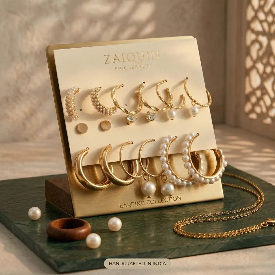 Zaiquin 12-Pair Korean Earring Combo Set – Gold Plated Textured Hoops, Faux Pearl Drops & Crystal Studs – Aesthetic Fashion Jewellery for Women & Girls